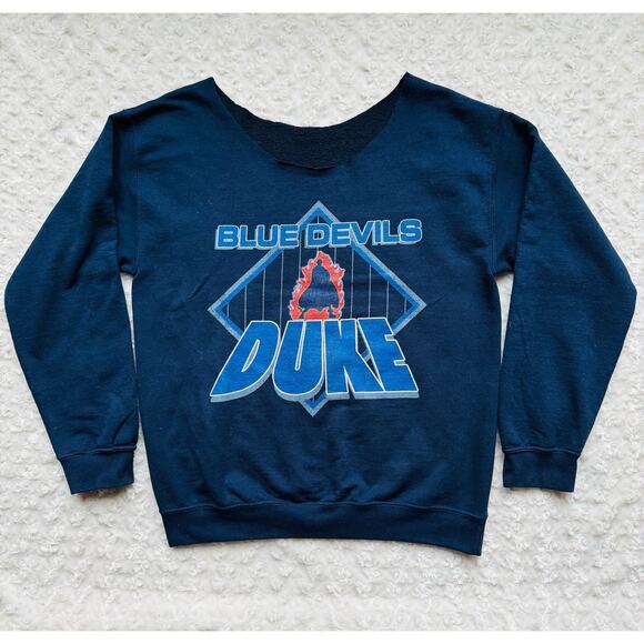 Duke University Blue Devils Navy Unisex Raw Hem Slouchy Collar Sweatshirt Medium - Picture 1 of 3
